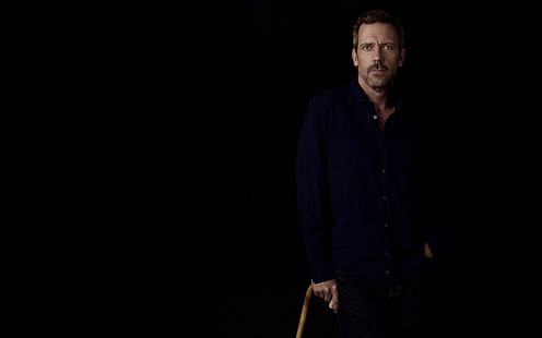 men's blue dress shirt, the dark background, cane, actor, shirt, Hugh Laurie, Dr. house, house m.d., HD wallpaper HD wallpaper