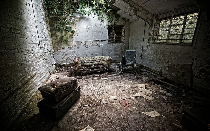 sombre, ruine, canapé, chambre, abandonné, Fond d'écran HD