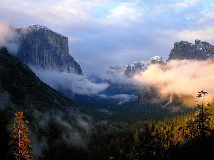 El Capitan, Kalifornia, góry, Park Narodowy Yosemite, drzewa, klif, chmury, przyroda, krajobraz, las, USA, Tapety HD