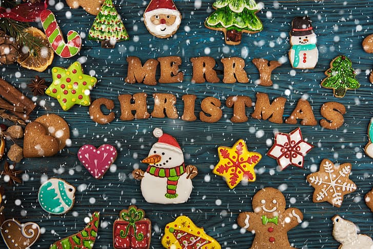 New Year, cookies, Christmas, wood, Merry Christmas, decoration, gingerbread, HD wallpaper