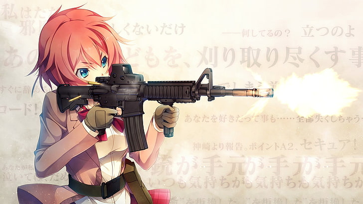 женщина, держащая винтовку аниме, обои персонажа, аниме, аниме девушки, карабин, карабин m4, Innocent Bullet, Канзаки Саяка, девушки с оружием, HD обои