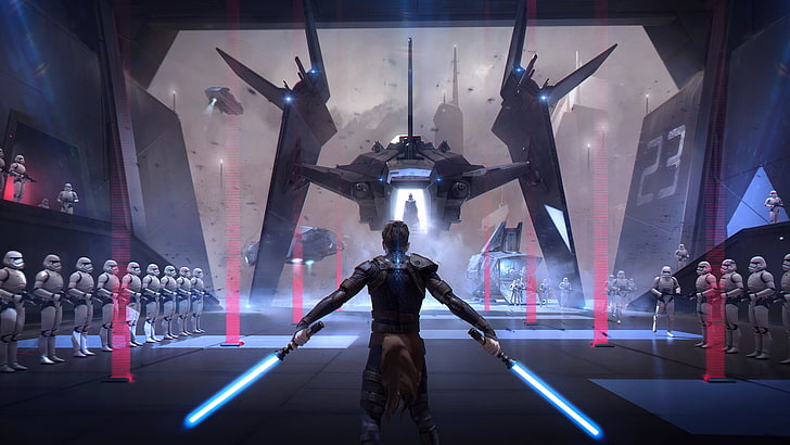 Gwiezdne wojny zrzut ekranu z gry wideo, Gwiezdne wojny, szturmowiec, miecz świetlny, Sith, Imperium galaktyczne, render, Darth Vader, Tapety HD