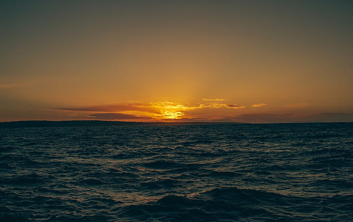 mar, paisaje, puesta de sol, cielo naranja, skyscape, olas, Fondo de pantalla HD