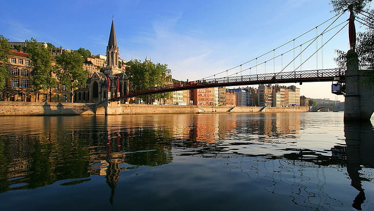 Wonderful Footbridge Over A River, river, footbridge, city, church, nature and landscapes, HD wallpaper