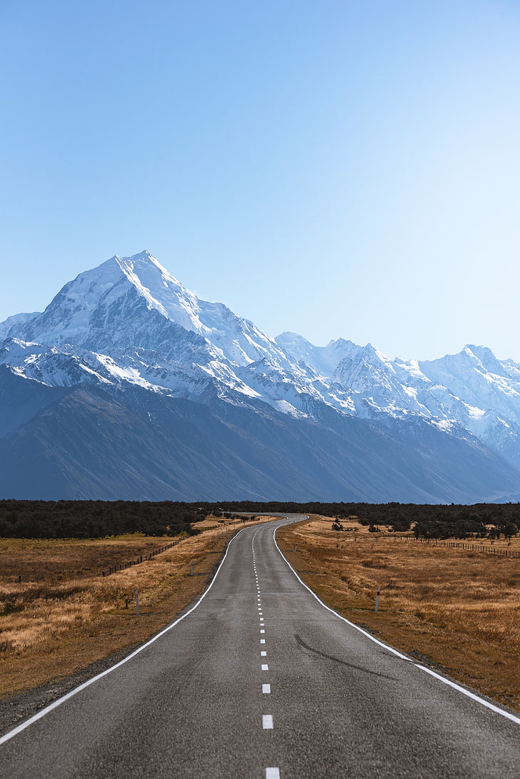 طريق خرساني أسود ، طريق ، جبال ، علامات ، جبل كوك ، نيوزيلندا، خلفية HD، خلفية الهاتف