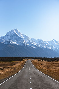 黒いコンクリートラード、道路、山、マーキング、マウントクック、ニュージーランド、 HDデスクトップの壁紙 HD wallpaper