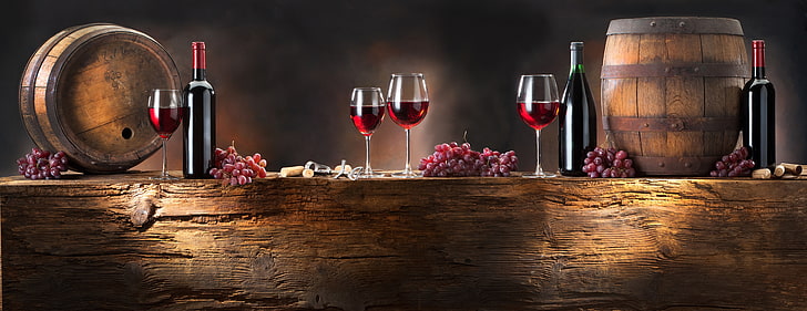 several wine bottles, barrels, and glasses, wine, red, glasses, grapes, bottle, bunches, kegs, HD wallpaper