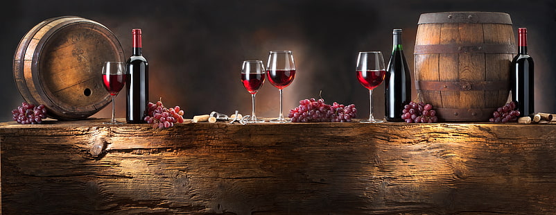 diverse bottiglie di vino, botti e bicchieri, vino, rosso, bicchieri, uva, bottiglia, grappoli, fusti, Sfondo HD HD wallpaper