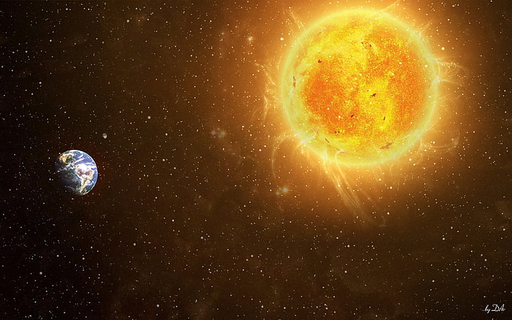 Ilustrasi Matahari dan Bumi, ruang, Tata Surya, Matahari, alam semesta, Wallpaper HD