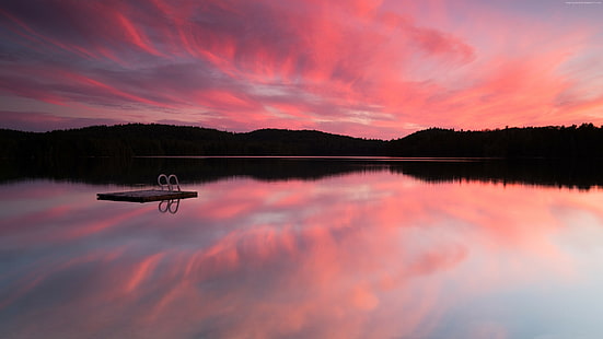 Danau, 4k, matahari terbit, laut, matahari terbenam merah muda, awan, air, refleksi, langit, Wallpaper HD HD wallpaper