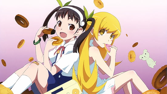 два черно-жълтокоси женски аниме героя, Monogatari Series, Hachikuji Mayoi, Oshino Shinobu, поничка, Loli, превръзка, HD тапет HD wallpaper
