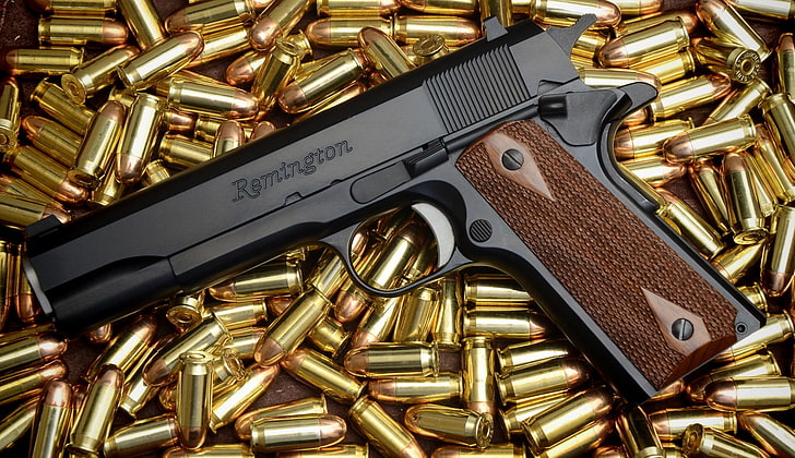 brown and black Remington pistol, gun, cartridges, a lot, Remington, colt 1911 R1, HD wallpaper