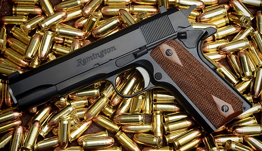 brown and black Remington pistol, gun, cartridges, a lot, Remington, colt 1911 R1, HD wallpaper HD wallpaper