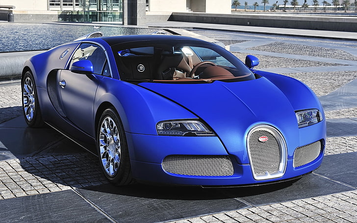 blue Bugatti Veyron coupe, bugatti, veyron, blue, front view, supercar, HD wallpaper