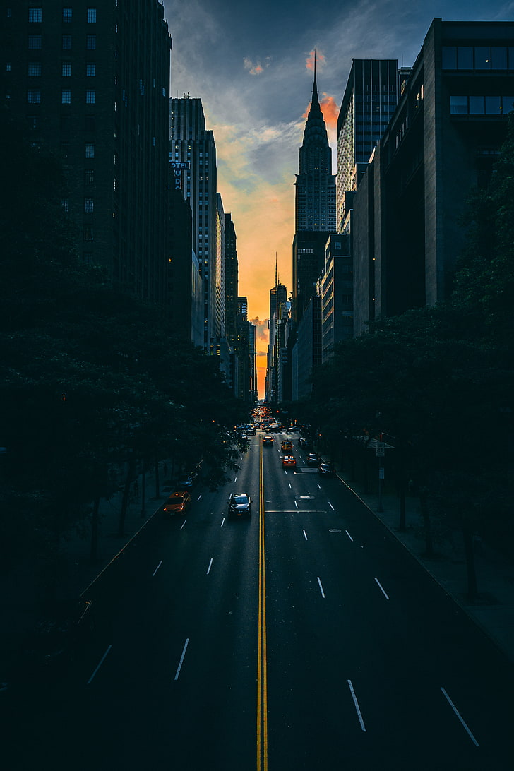 black concrete road, road, traffic, skyscrapers, manhattan, new york, HD wallpaper