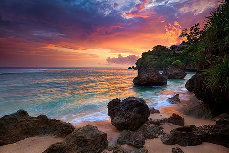 Bali, clouds, Indonesia, landscape, nature, rock, sand, sea, Shrubs, sunrise, HD wallpaper HD wallpaper
