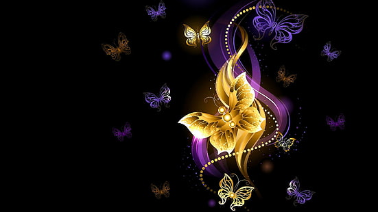 butterfly, digital art, dark, purple, violet, darkness, art, glittering, butterflies, shine, graphics, special effects, graphic design, illustration, HD wallpaper HD wallpaper