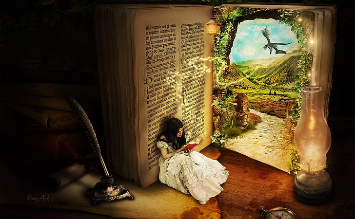 The Book of Secrets av ShaynART, tjejläsebokmålning, konstnärlig, fantasi, flicka, dal, drake, lampa, läsning, äventyr, sagor, älva, sökväg, donika nikova, bok, hemligheter, bibliotek, HD tapet