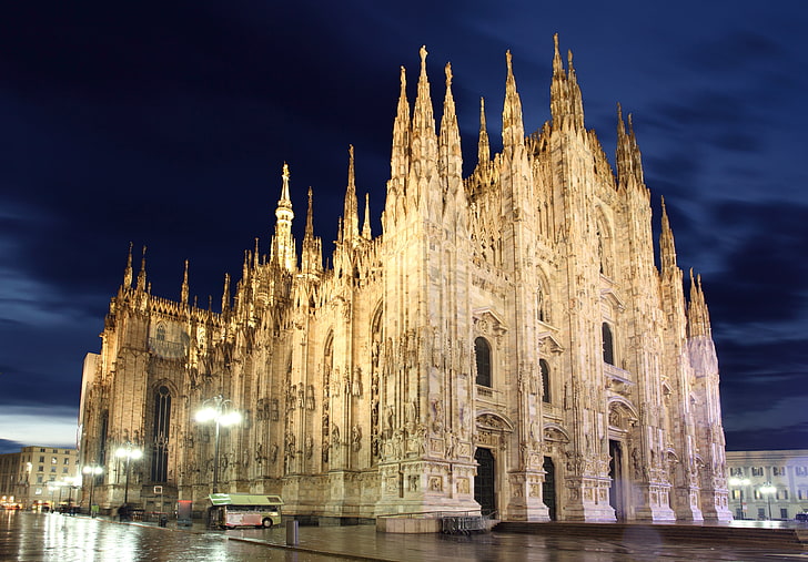 сива катедрала, светлини, катедрала, Италия, нощ, Италия, Милано, Милано, църква, HD тапет