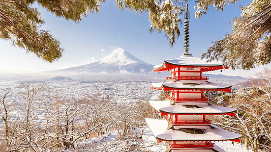 mountain, temple, pagoda, chureito pagoda, mount fuji, fuji, japan, arakura, fujiyoshida, yamanashi, landscape, asia, winter, snow, HD wallpaper HD wallpaper
