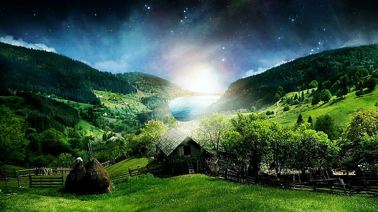 encosta, casa, paisagem, noite estrelada, céu noturno, HD papel de parede HD wallpaper