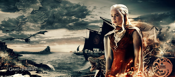 Daenerys Targaryen, Game of Thrones, война, лодка, карта, море, телевизия, телевизионни сериали, Daenerys Targaryen, дракон, огън, HD тапет