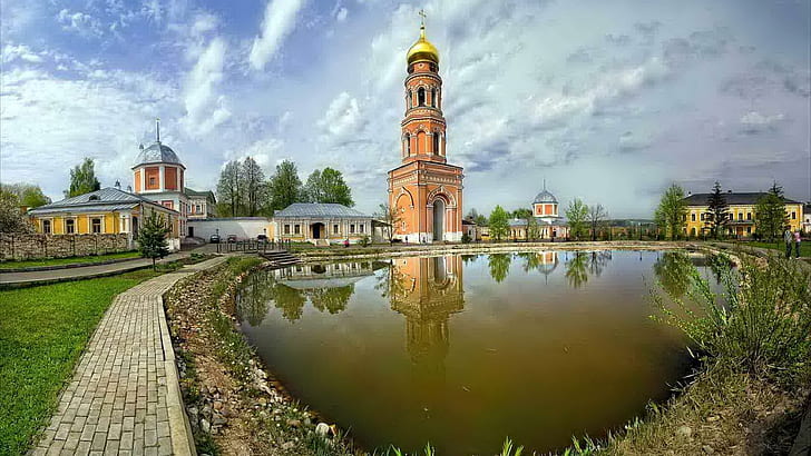 Bell Tower In A Monastery, bell tower, pond, clouds, monastery, nature and landscapes, HD wallpaper