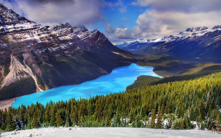 カナダのモレーン湖、川と木々の写真、モレーン湖、湖、山、 HDデスクトップの壁紙