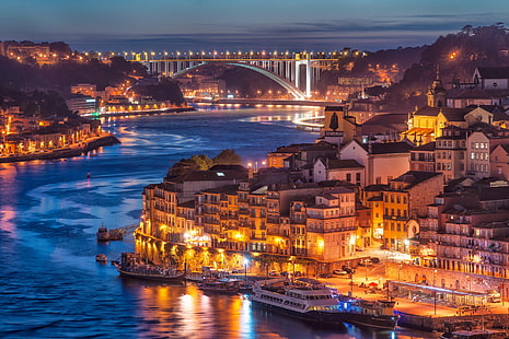 pejzaż miasta Kopenhaga, dania, miasto, rzeka, most, noc w Porto, Tapety HD HD wallpaper