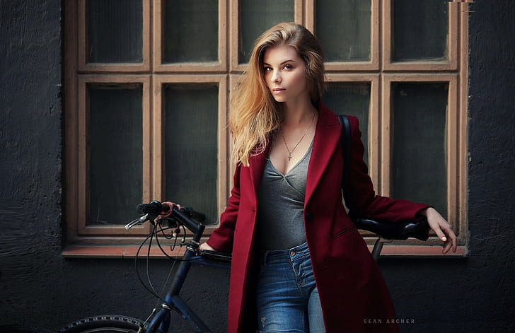 Sean Archer, Irina Popova, blonde, women outdoors, necklace, straight hair, jeans, portrait, bicycle, looking at viewer, women, model, red coat, coats, grey tops, open jacket, standing, HD wallpaper