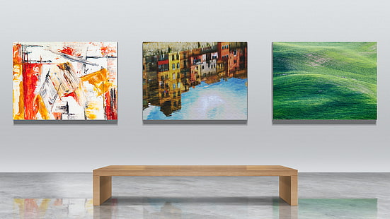 художествена галерия, живопис, стена, пейка, рамки за картини, музей, платно, абстрактно, пейзаж, HD тапет HD wallpaper