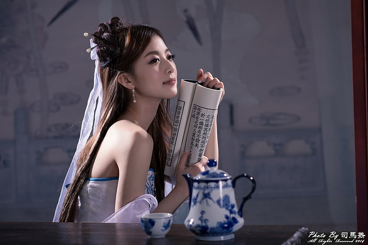 Models, Mikako Zhang Kaijie, Asian, China, Chinese, Cup, Hair-Dress, Hairpin, Smile, Taiwanese, Tea Set, HD wallpaper