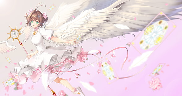 kinomoto sakura, cardcaptor sakura, dress, staff, wings, Anime, HD wallpaper HD wallpaper