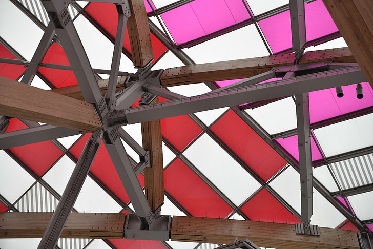 architettura, buren, colori, cetriolo, vetro, louis vuitton, parigi, rosa, struttura in acciaio, Sfondo HD