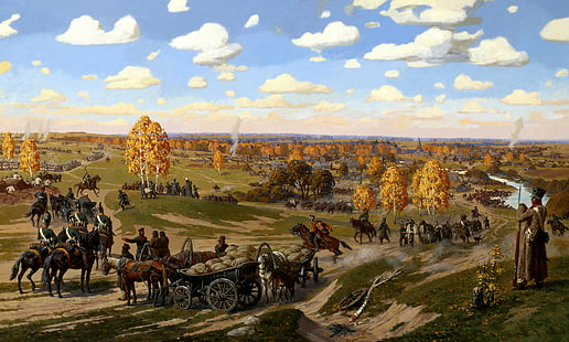 茶色の馬の絵画、戦い、操縦、アーティスト、戦い、絵画、キャンバス、地区、間の、軍隊、フィールド元field、クトゥーゾフ、1812年。愛国戦争、オイル。カルーガ地方、タルティーノ、ロシア、ムラト、アヴェリャノフアレクサンダー、10月18日、 HDデスクトップの壁紙 HD wallpaper