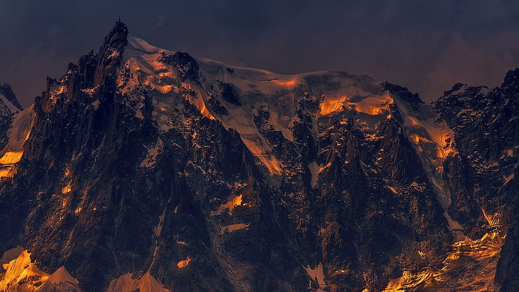 заснеженные горные обои, горы, огни, лед, облака, фотография, HD обои