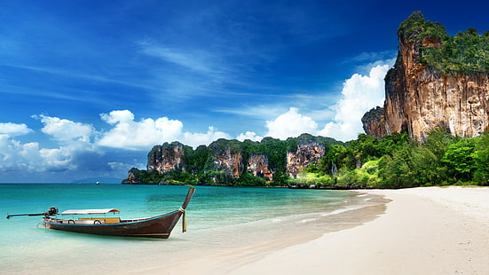 日中に水域に茶色の木製漁船、クラビビーチ、HD、4 kの壁紙、タイ、世界で最高のビーチ、観光、旅行、リゾート、休暇、砂、ボート、空、世界最高のダイビングサイト、 HDデスクトップの壁紙 HD wallpaper