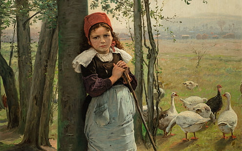 1880, huile sur toile, peintre tchèque, National Gallery in Prague, Václav Brožík, Goose Girl, Cowgirl oies, Vaclav Brozík, Mother goose, Fond d'écran HD HD wallpaper