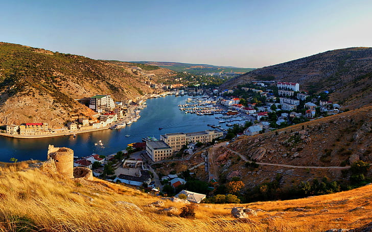 Crimeia, fundos de Balaclava, rio, barcos, montanhas, baixar 3840x2400 Crimeia, HD papel de parede