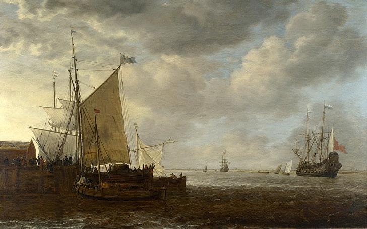 pintura de barco marrón, barcos, mar, tormenta, pintura, óleo, lienzo, Fondo de pantalla HD