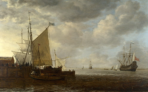 pintura de barco marrón, barcos, mar, tormenta, pintura, óleo, lienzo, Fondo de pantalla HD HD wallpaper
