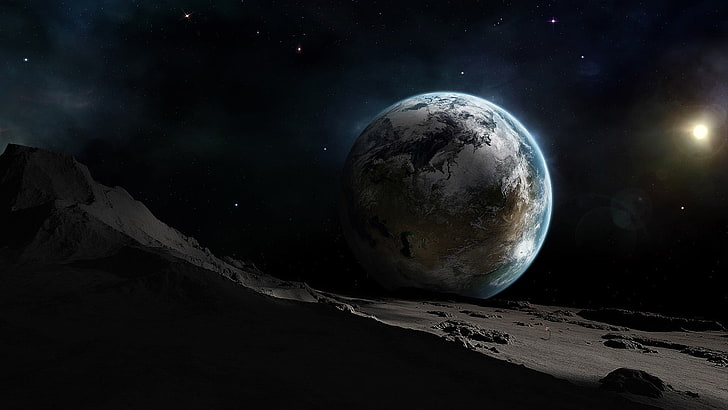 วอลล์เปเปอร์ดิจิตอลดาวเคราะห์สีน้ำเงินและสีเทาอวกาศดวงจันทร์โลกดาวเคราะห์ศิลปะดิจิทัลศิลปะอวกาศ, วอลล์เปเปอร์ HD
