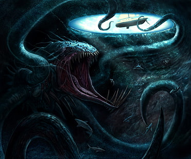 wallpaper digital monster hitam, perahu, hiu, tentakel, monster, di bawah air, kraken, Blue Hole, monster laut, Wallpaper HD HD wallpaper