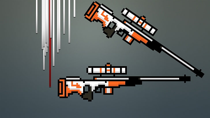 two orange-and-white rifle with scopes, snipers, 8-bit, Counter-Strike: Global Offensive, Asiimov, HD wallpaper