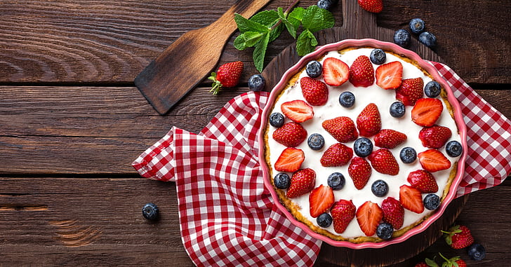 berries, strawberry, pie, fabric, mint, blueberries, HD wallpaper