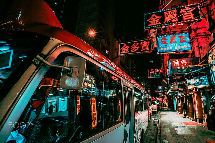 Daria Klepikova, cidade, Hong Kong, noite, estações de ônibus, luzes de neon, brilho de neon, vermelho, escuro, ônibus, HD papel de parede
