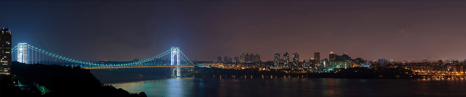 Kota New York, tiga layar, sudut lebar, lampu kota, lanskap kota, Jembatan George Washington, Wallpaper HD HD wallpaper
