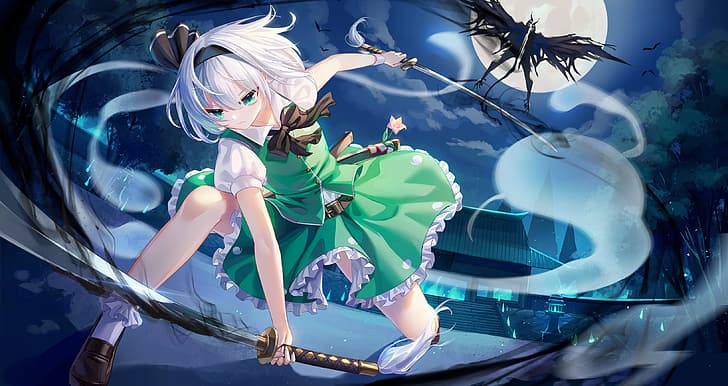 Sword, katana, Moon, weapon, Zeppelin, whale, anime girls, dark background,  HD wallpaper | Wallpaperbetter