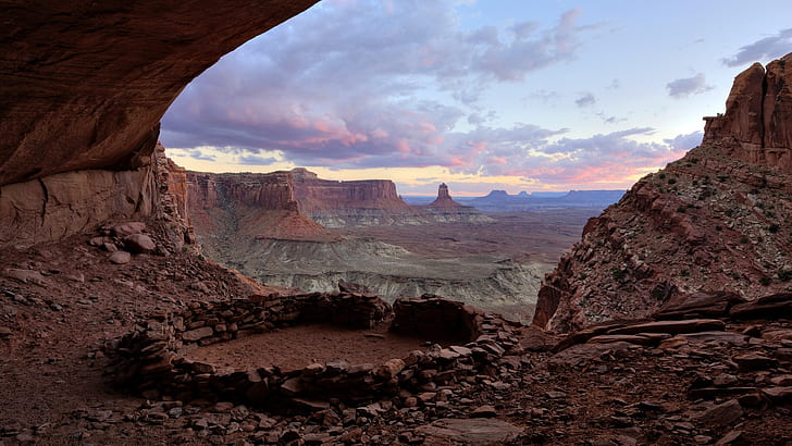 nature, landscape, rocks, cave, canyon, clouds, sky, sunset, mountains, False Kiva, Utah, USA, Canyonlands National Park, HD wallpaper