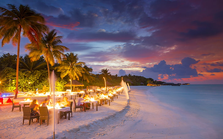 콘래드 몰디브 랑 갈리 섬 인도양 낭만적 인 저녁 해변 식당 열대 분위기 벽지 Hd 3840 × 2400, HD 배경 화면